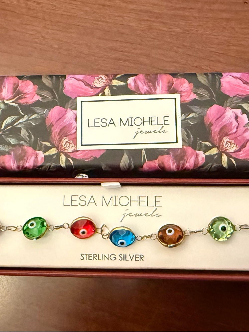 Lesa Michele 925 Sterling Silver Multicolor Evil Eye Bracelet 7” NWOT